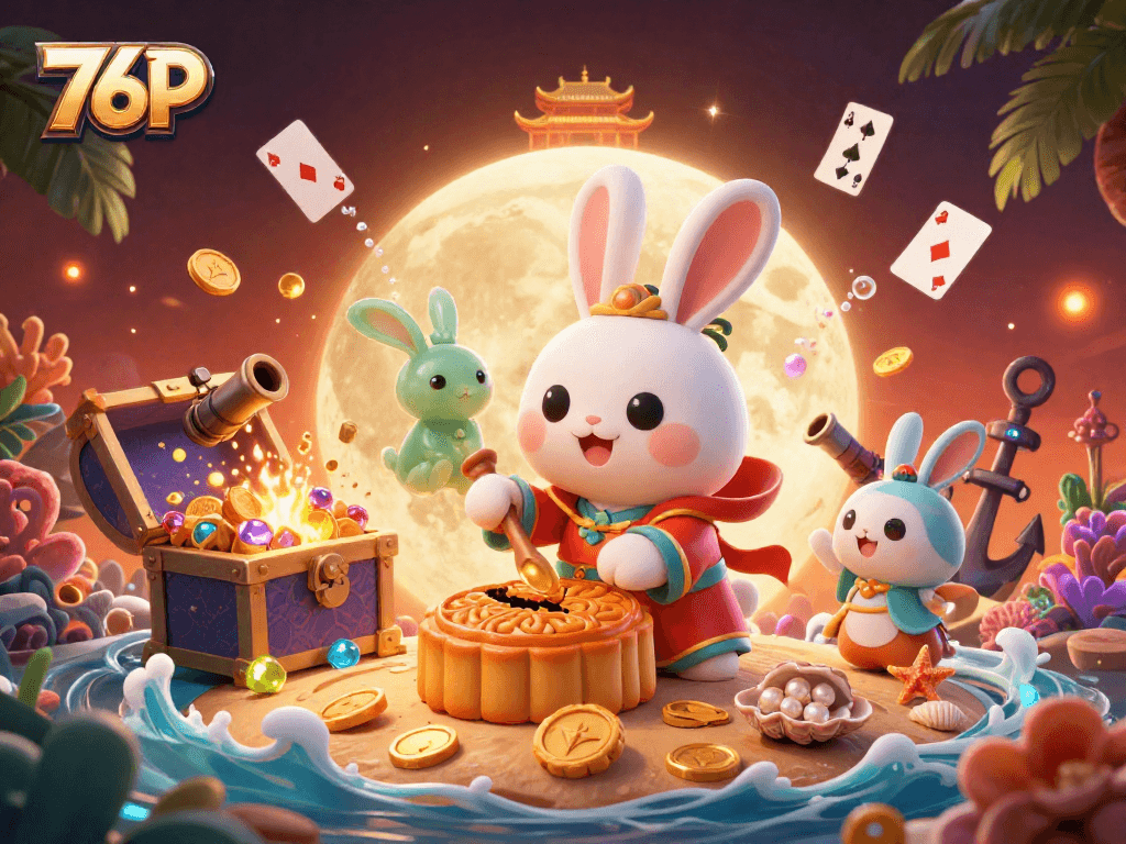 Explore o mundo de 76P com o coelho da lua jogando poker em meio a tesouros e emoções.