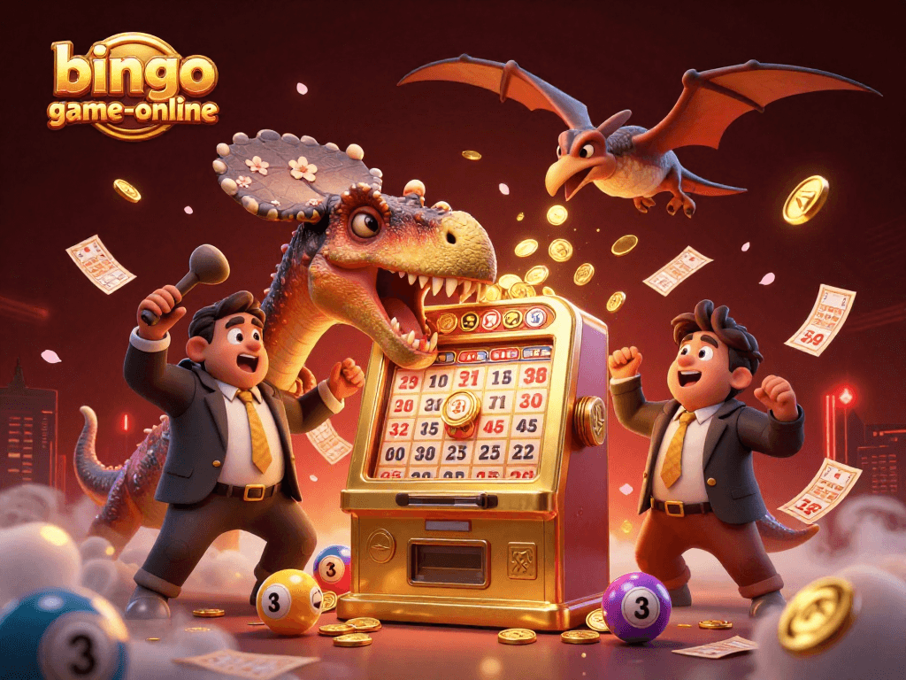Bingo-game-online scene with jackpot machine, bingo characters, and vibrant casino elements.
