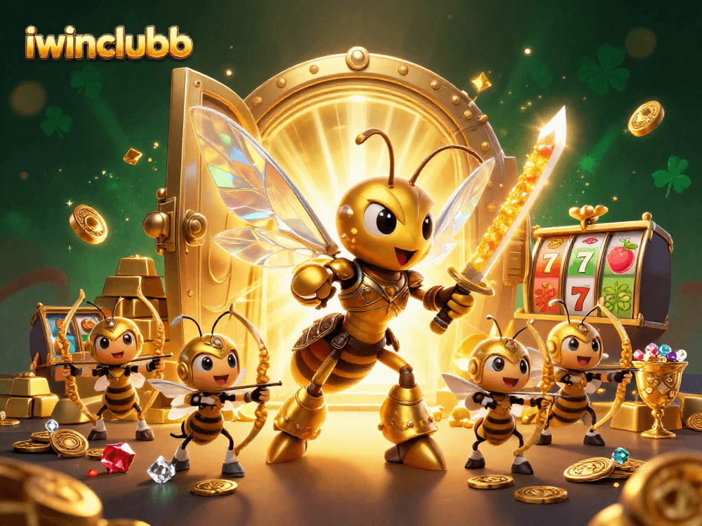 Experience the thrill at iwinclubb with a vibrant casino scene featuring a giant hornet and treasures.