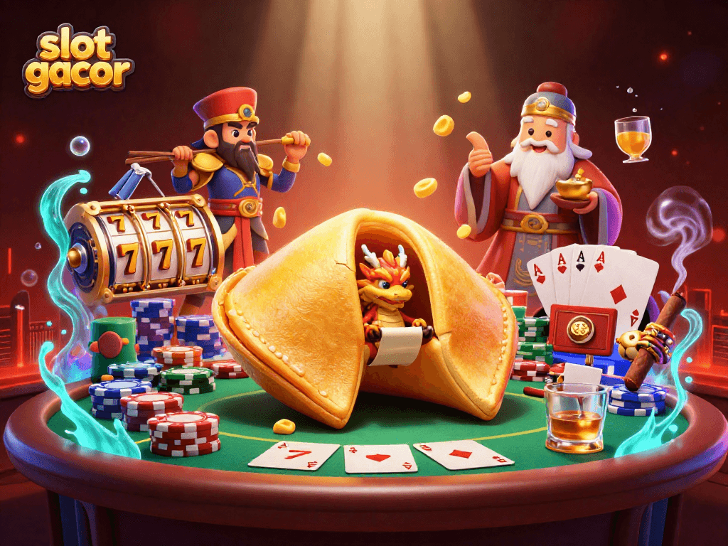 Mainkan slot gacor dengan karakter menarik dan simbol permainan kasino, penuh detail visual yang menawan.