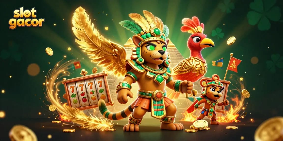 Permainan slot gacor menampilkan karakter jaguar Mesoamerika dan burung quetzal dalam suasana kasino yang kaya detail.