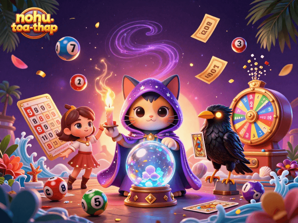 Play nohu-toa-thap with a magical scene featuring vibrant lottery elements and adventurous characters.