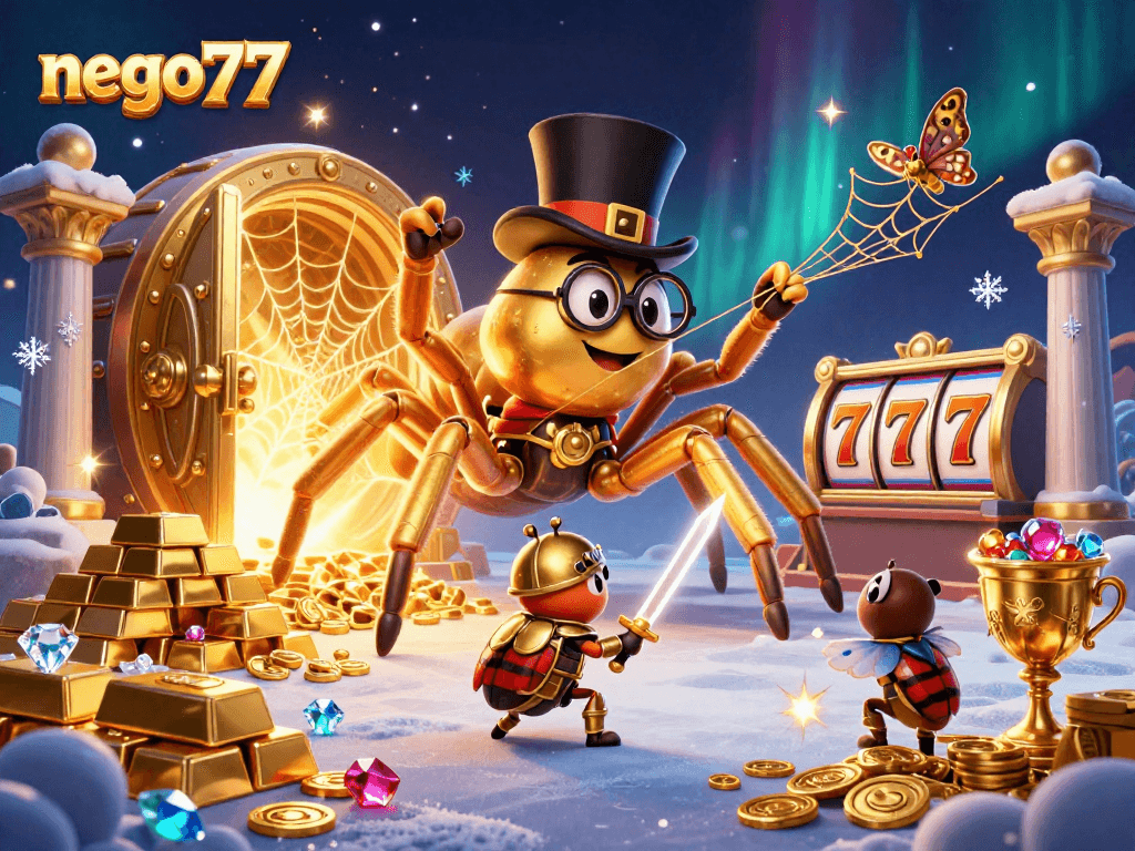 Engage with nego77's exciting world, highlighted by a golden tarantula and beetle knight in a vibrant casino scene.
