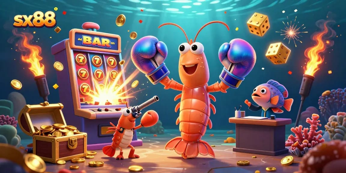 Splash into sx88's vibrant jackpot scene featuring a dynamic shrimp duo amidst spinning slot machines and golden treasures.