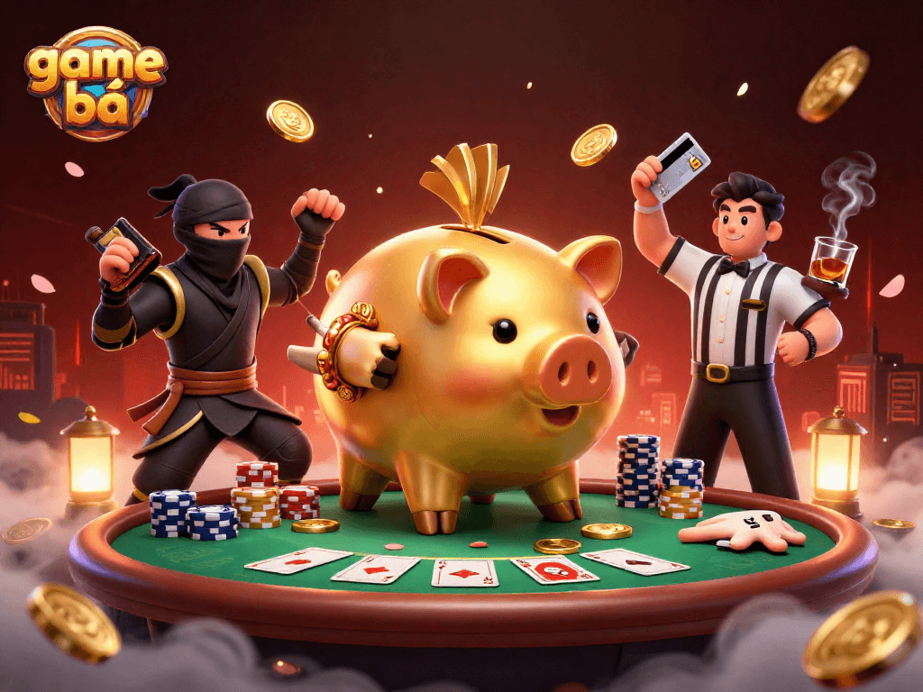 Engage in exciting game bài action with a sumo wrestler, ninja, and samurai in a vibrant casino scene.