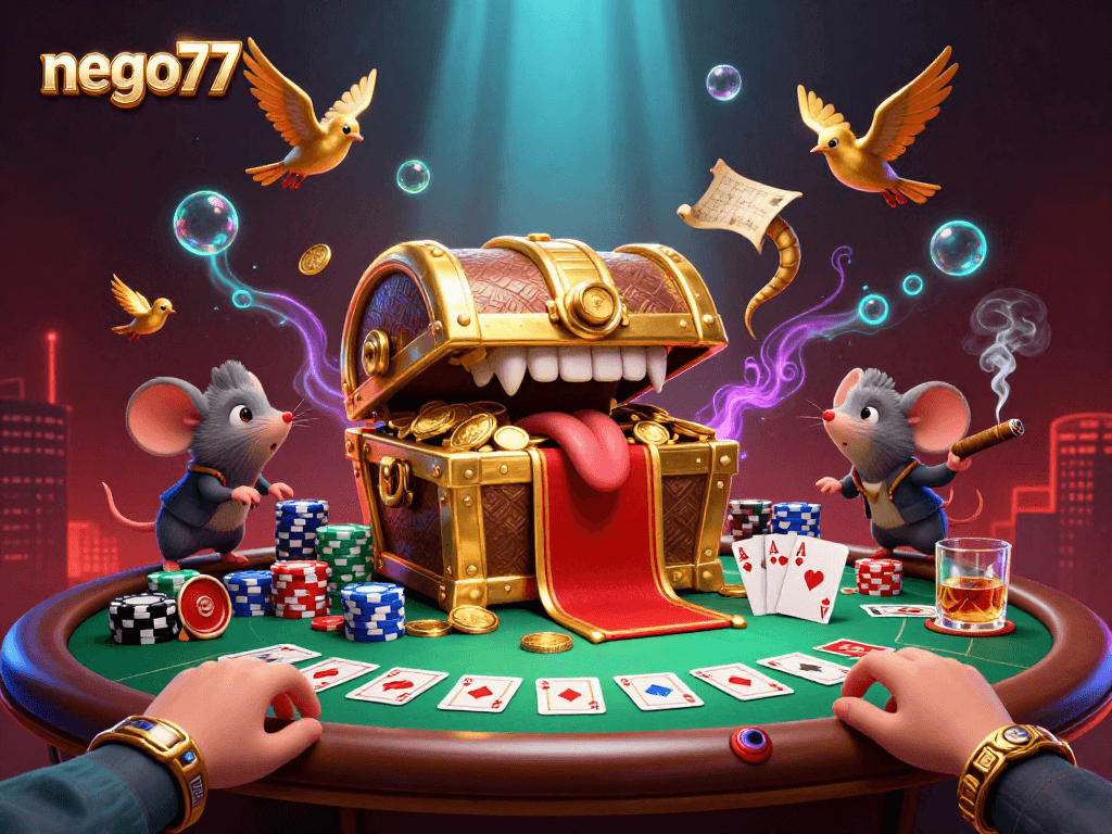 Engage with nego77's exciting casino adventure featuring treasure chests and poker chips.