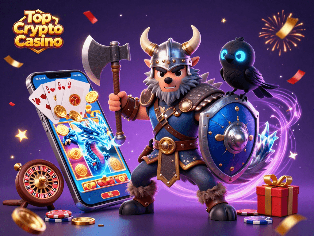Engage with the Top Crypto Casino adventure featuring a Viking wolf warrior, dragon, and vibrant gaming elements.