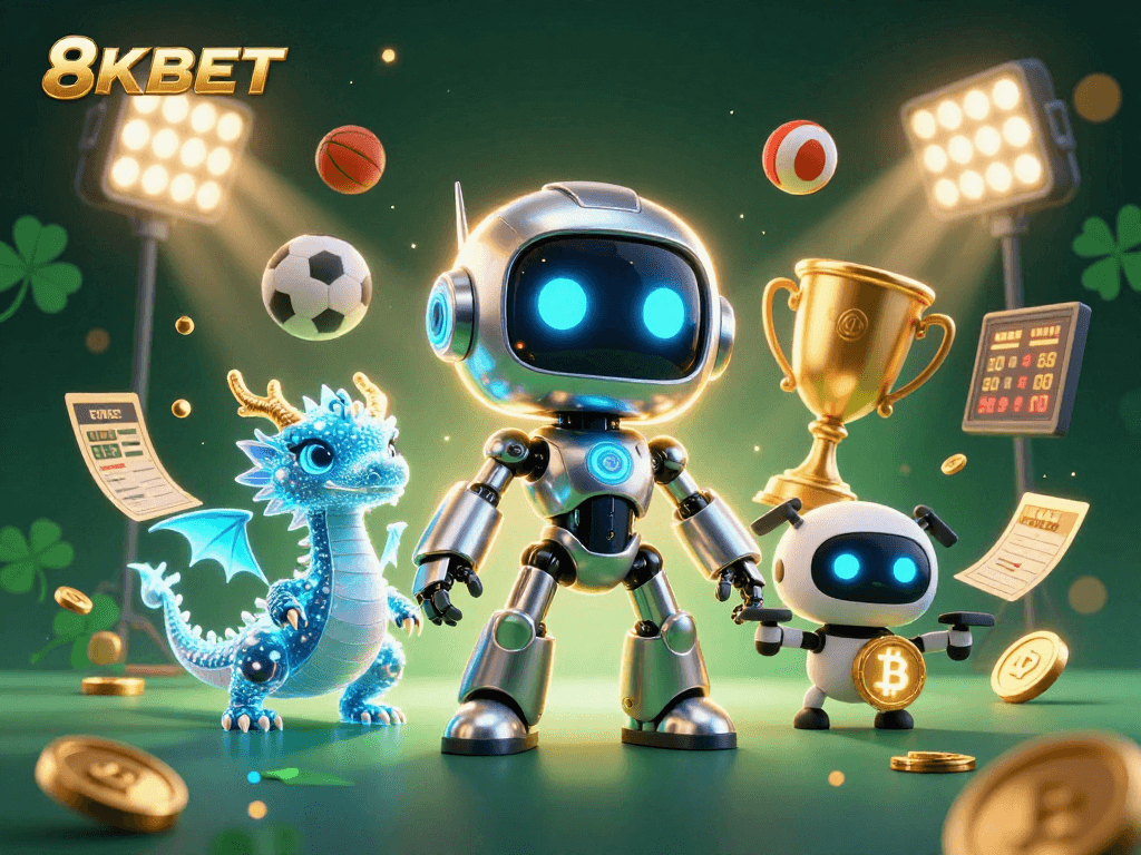 Experience thrilling gaming action at 8KBET with a vibrant casino scene featuring dynamic sports elements.