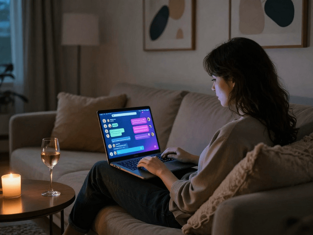A cozy setting showcasing a person enjoying an ai porn chat experience, laptop in use with an intimate atmosphere.