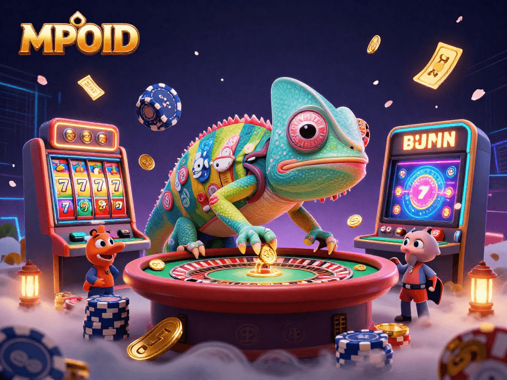 MPOID captures excitement with a chameleon casino owner and slot reels amidst vibrant game action.