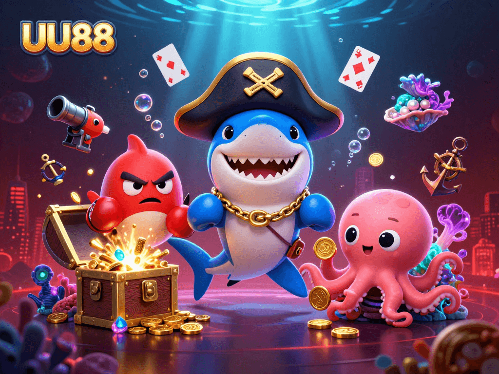 Engage in exciting betting adventures with UU88, featuring dynamic casino characters and vibrant gaming elements.