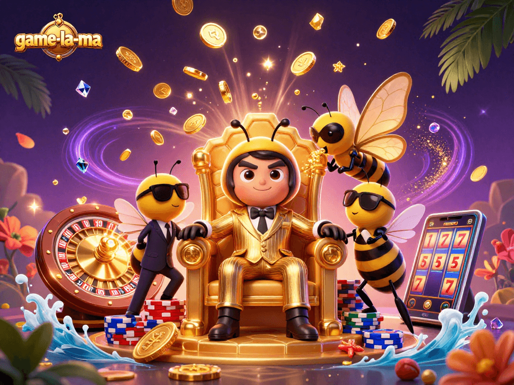 Experience thrilling gameplay at game-la-ma with a bustling casino scene featuring vibrant characters and lucky symbols.