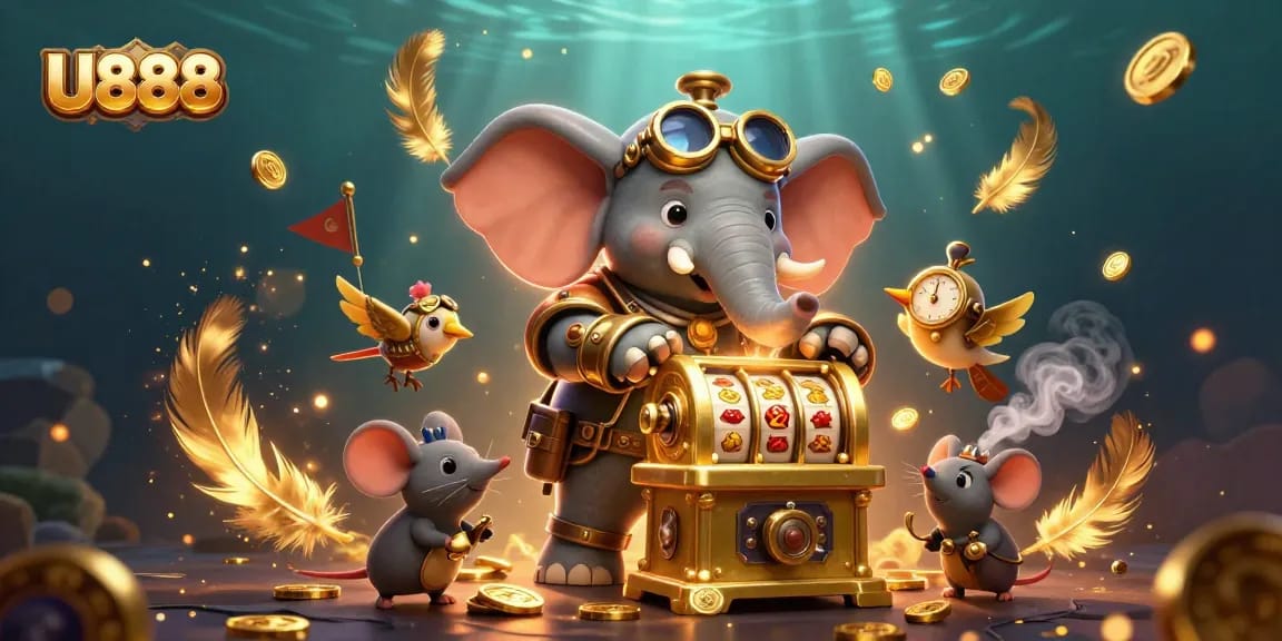 Experience thrilling gaming at U888 with a whimsical steampunk scene featuring an elephant engineer!