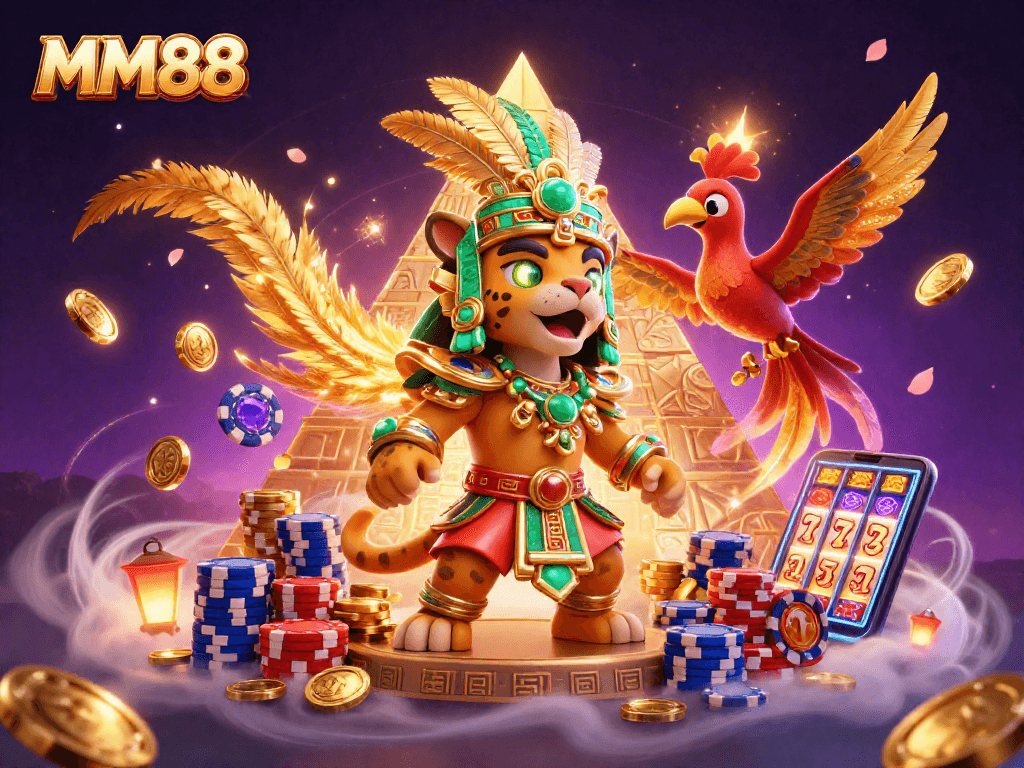 Explore winning strategies with MM88 in a vibrant casino scene featuring a Mayan jaguar priest.