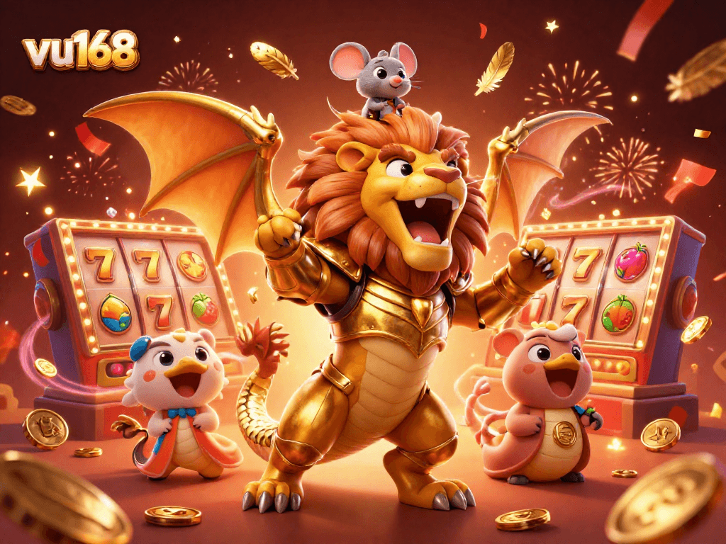 Experience thrilling wins with vu168 in a vibrant casino scene featuring a roaring chimera and slot machines.