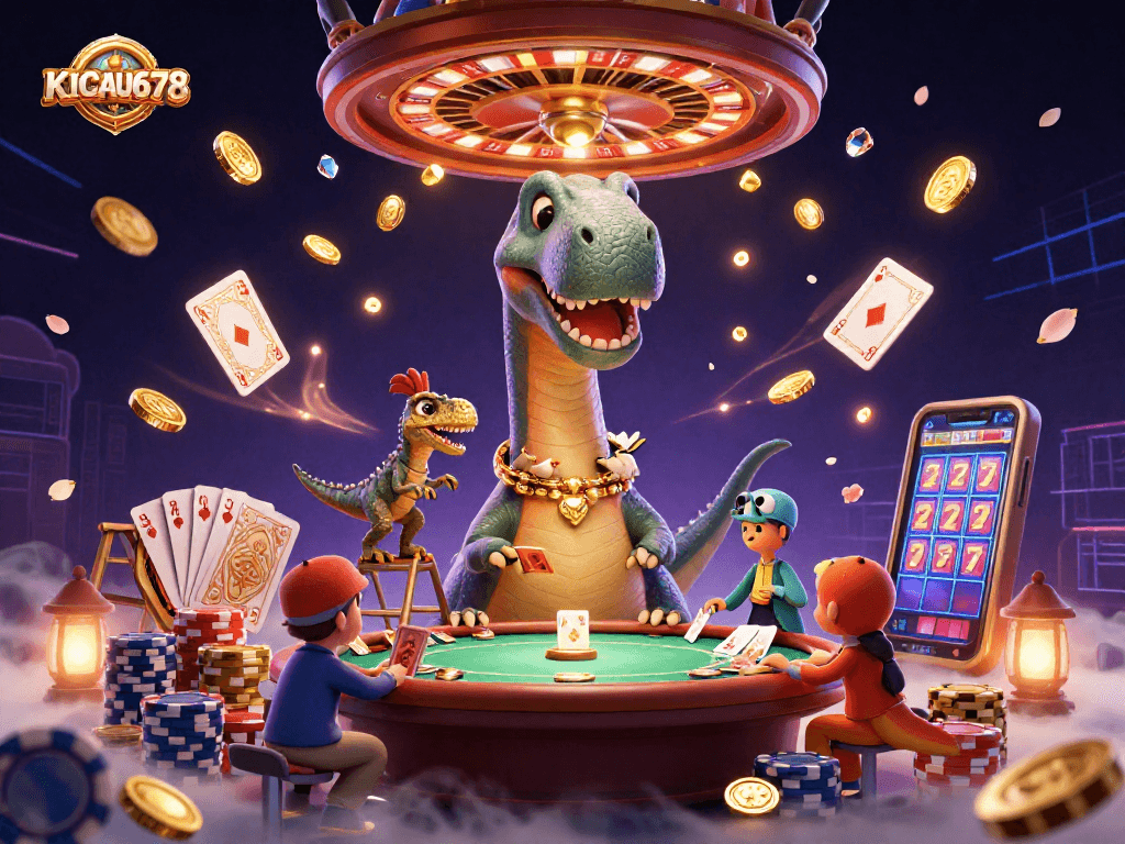 KICAU678 captures a vibrant casino scene featuring playful dinosaurs amidst dynamic gaming elements.