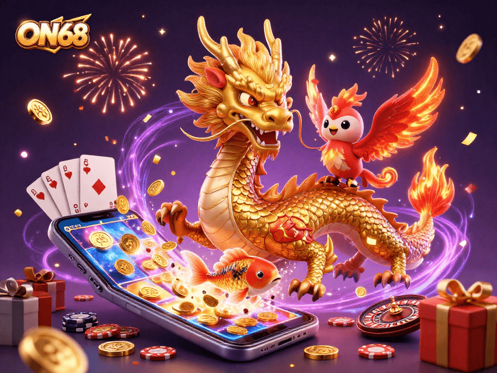 Experience the thrill of ON68 with a golden dragon and excited characters amidst vibrant casino elements.