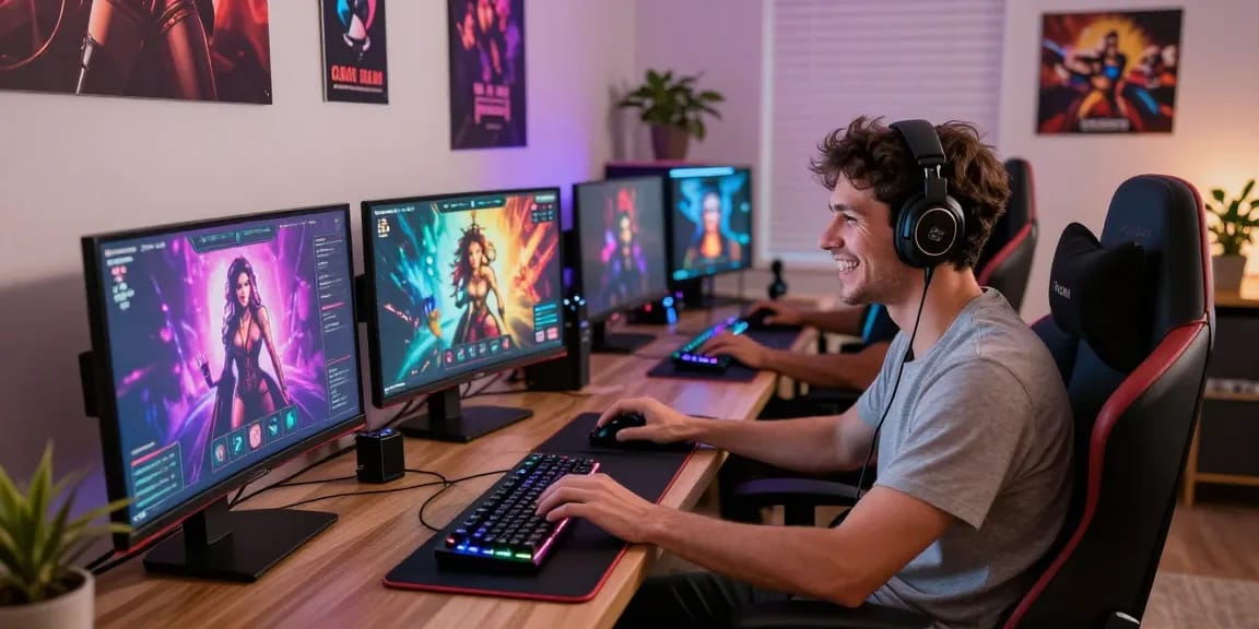 Vibrant gaming room with cheerful gamer enjoying an online porn game.