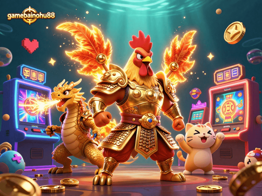 Experience the excitement of gamebainohu88 with a stunning 3D slot gaming scene featuring vibrant characters and arcade machines.