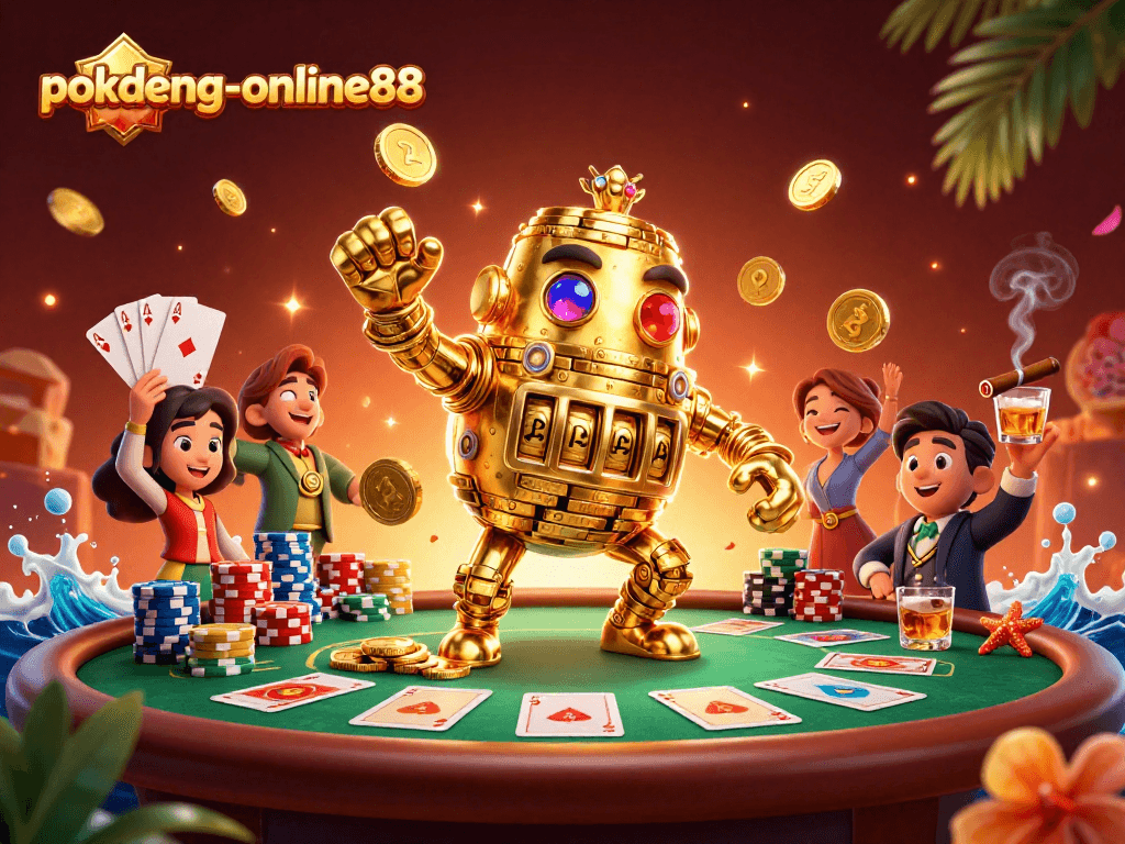 Experience the excitement of poker with pokdeng-online88's vibrant casino scene featuring a golden golem.