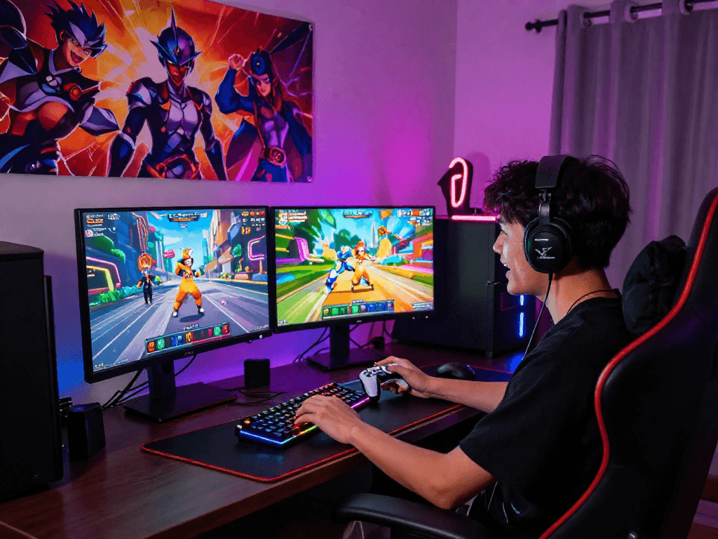 Engaging gacha168 gaming setup with colorful character displays and vibrant lighting.