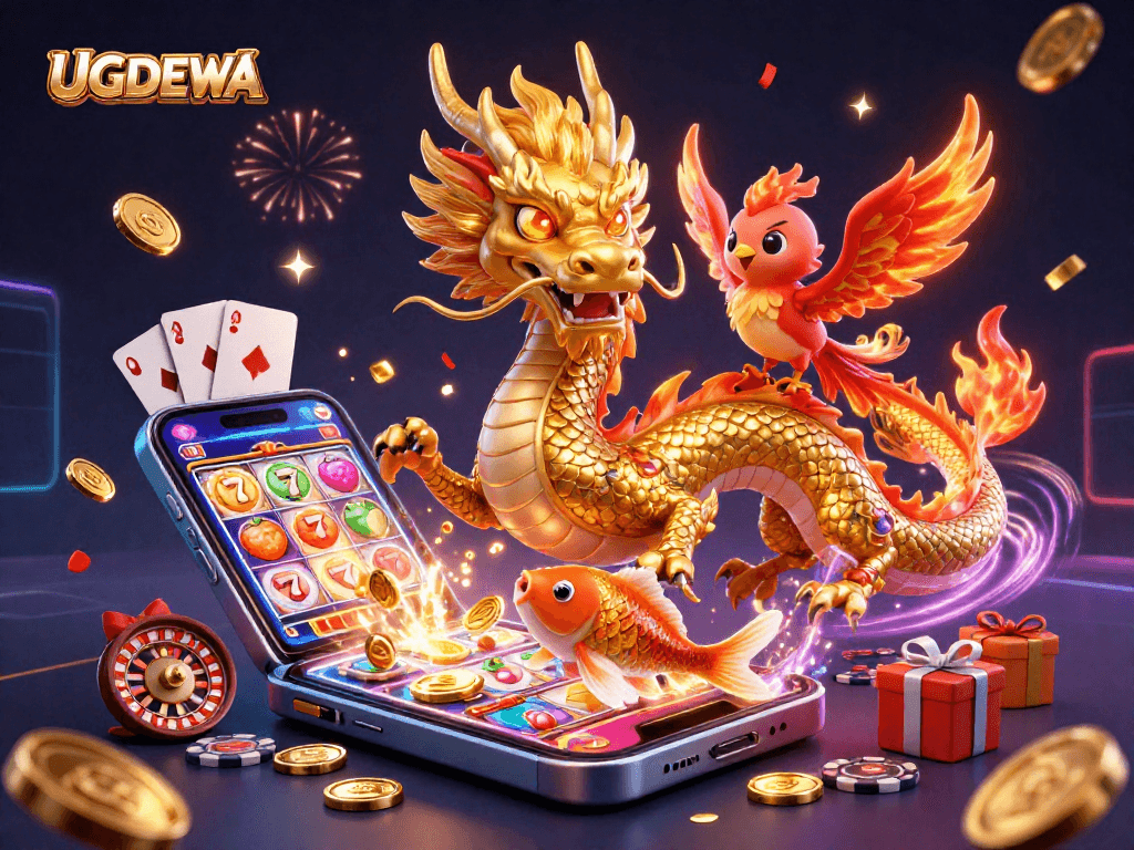 Spin the reels of fun with UGDEWA, featuring a vibrant scene of a golden dragon and phoenix.