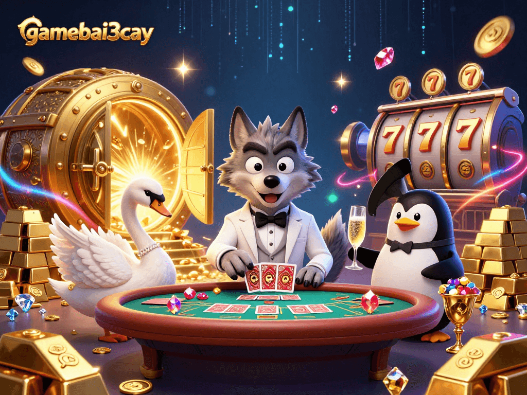 Engage with gamebai3cay at the baccarat table featuring vibrant characters and dynamic casino elements.