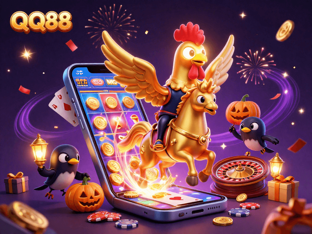 Experience thrilling QQ88 gambling action with a golden rooster in a vibrant casino scene.