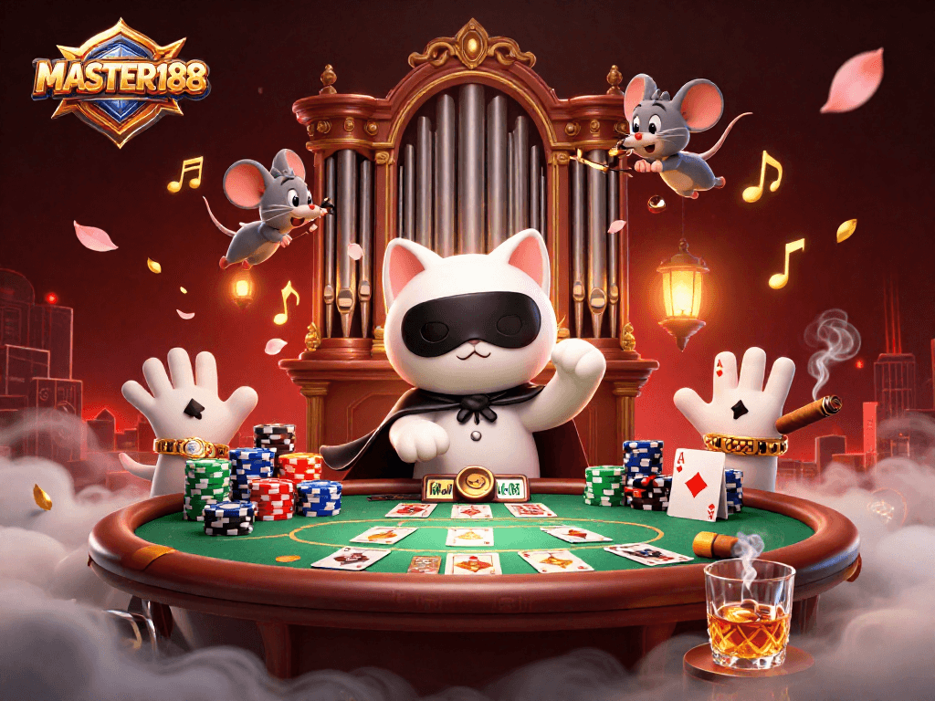 Experience excitement with MASTER188 in a vibrant casino scene featuring detailed characters and dynamic gaming elements.