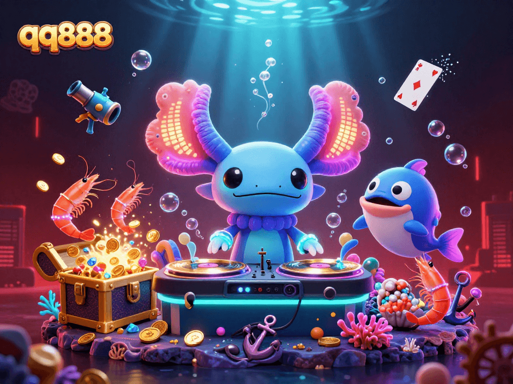 Experience high-energy fun at qq888 with a neon underwater casino scene filled with vibrant characters and exciting gameplay.
