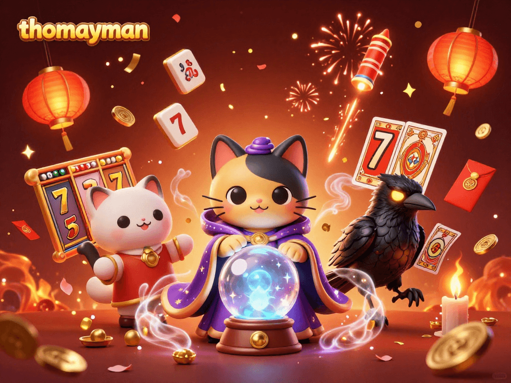 Engage with thomayman’s enchanting fortune teller cat amid a vibrant casino scene.