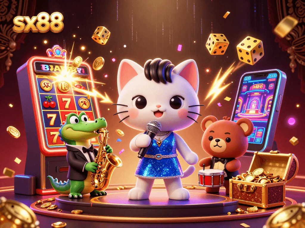 SX88 players enjoy exciting slot action with a jazz-singer cat, saxophone crocodile, and drum bear.