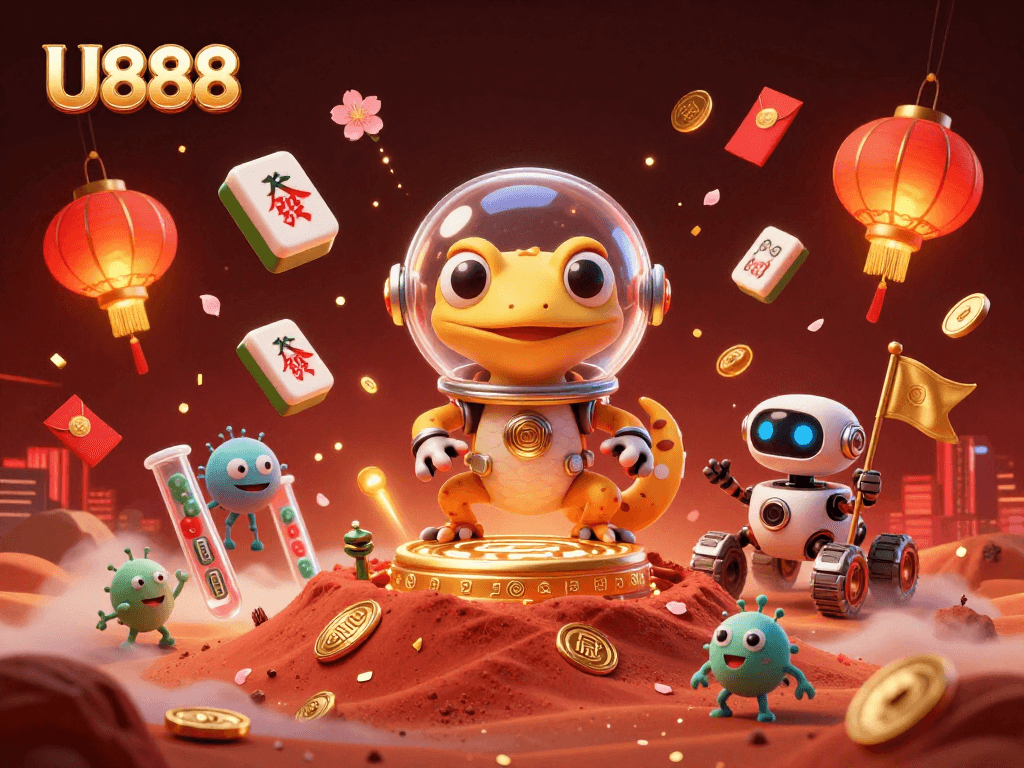 U888 offers a vibrant gaming experience with a Martian gecko and golden casino in a cosmic setting.