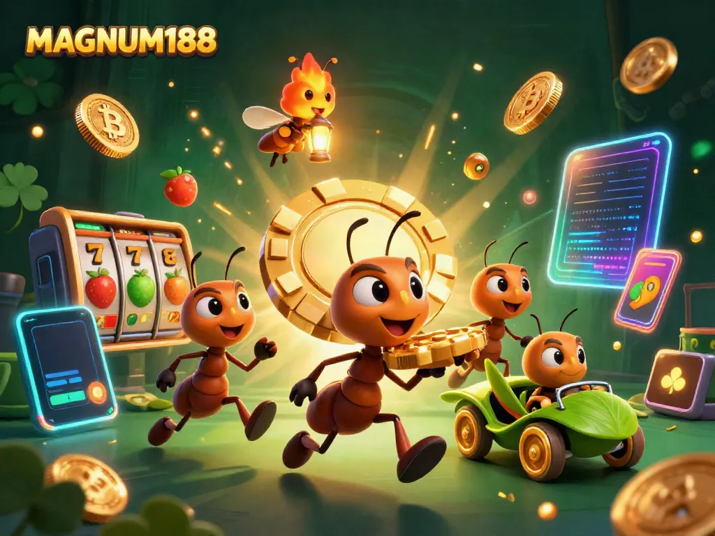 Join the heist at MAGNUM188 with a team of ants carrying a giant poker chip in a vibrant casino world.