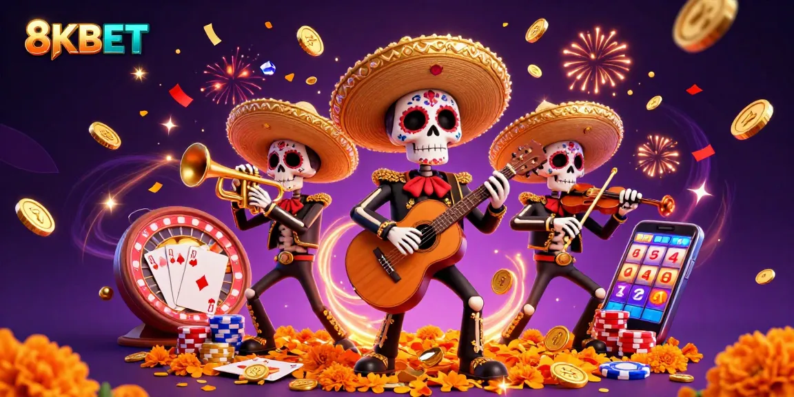 Celebrate wins at 8KBET with vibrant mariachi skeletons in a thrilling casino atmosphere.