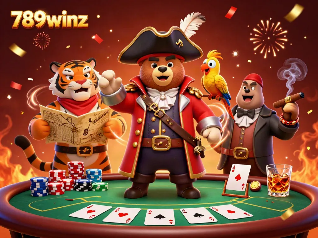 Experience the thrill of 789winz with a vibrant scene of a cartoon pirate captain bear, poker elements, and festive confetti.