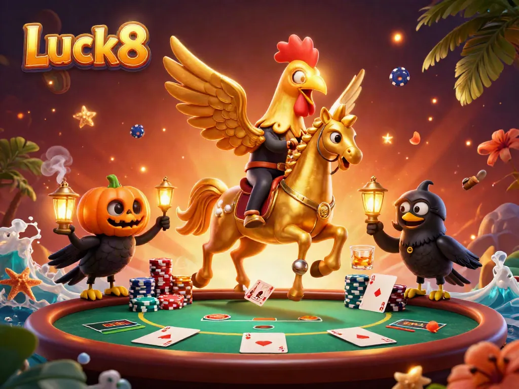 Experience the excitement of Luck8 casino with a vibrant gambler scene featuring a magical golden rooster.