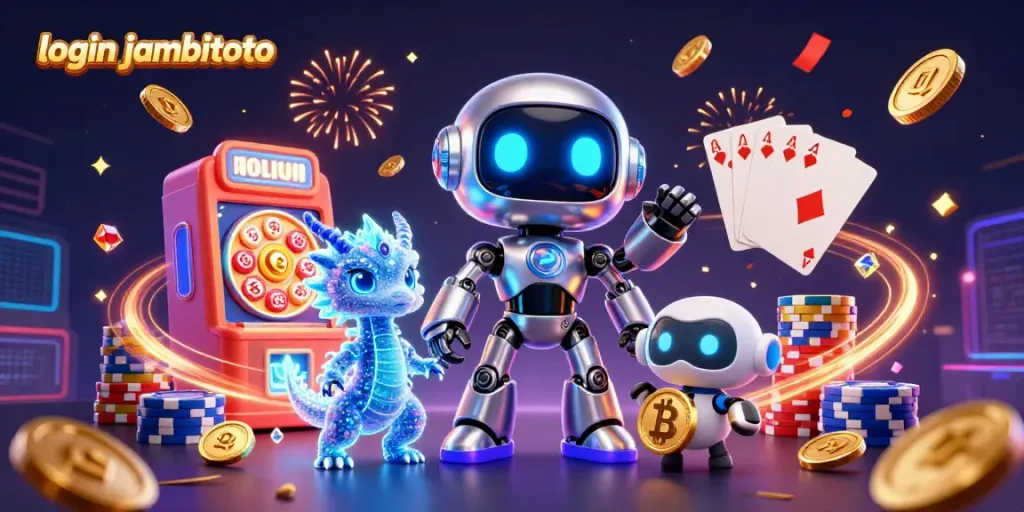Spin and win with login jambitoto in a vibrant 3D casino scene featuring robots and lottery elements.