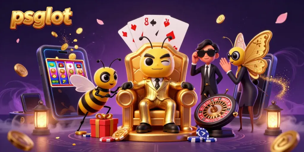 Gambaran bumblebee bos judi di takhta dengan elemen permainan psgslot penuh warna.
