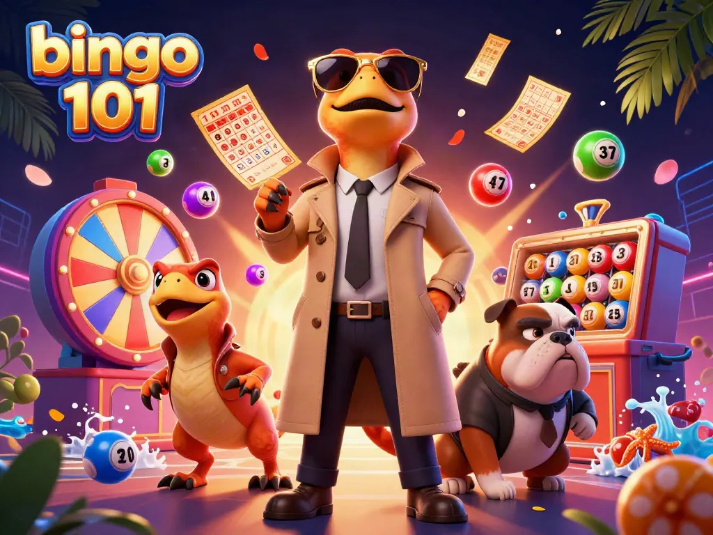 Rasakan keseruan bingo 101 melalui ilustrasi yang menunjukkan raptor berbalut jas memasuki ruang VIP dengan bola bingo berwarna yang meluncur.