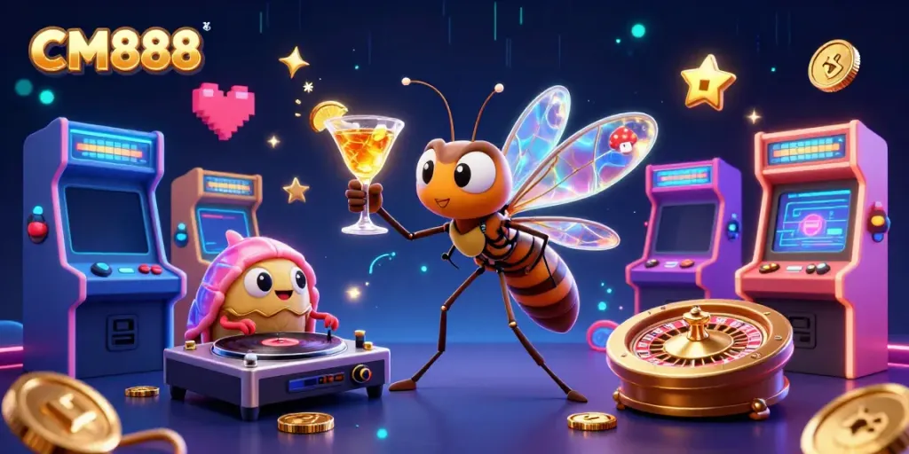 Engage in thrilling gameplay at CM888 with a vibrant casino scene featuring unique characters and arcade elements.