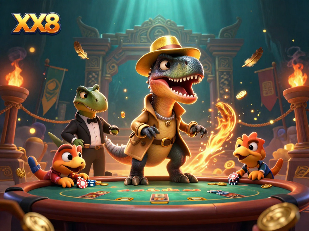 Join XX8’s thrilling casino adventure with a sly velociraptor counter at the blackjack table.