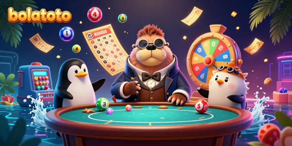 Engage in bolatoto exciting gameplay with a whimsical 3D scene of a walrus, penguin, and pufferfish at a poker table.