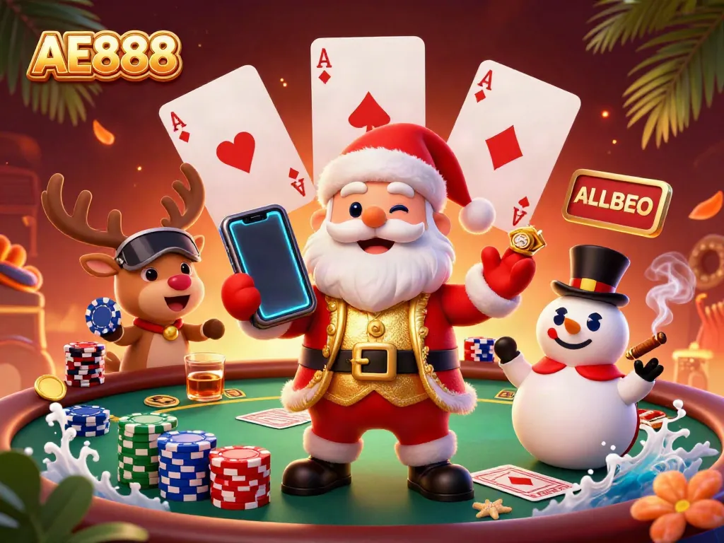 Play slots with AE888 featuring a festive Santa, poker elements, and vibrant colors.