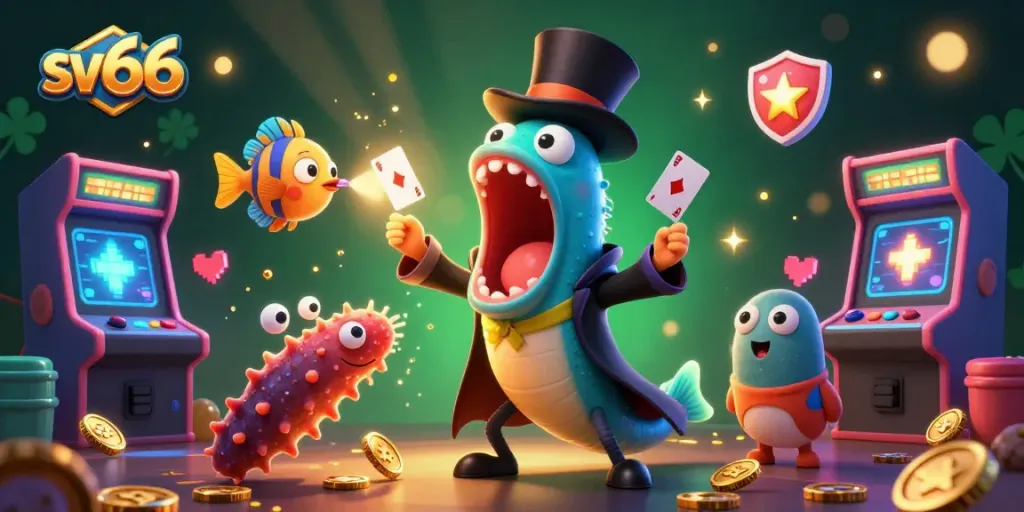 Experience sv66 magic with a vibrant casino scene featuring unique characters and game elements.