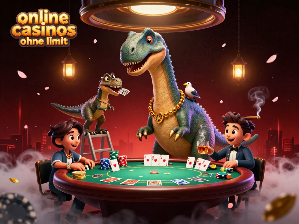 Experience thrilling online casinos ohne limit with this vibrant illustration featuring a giant dinosaur and poker action.