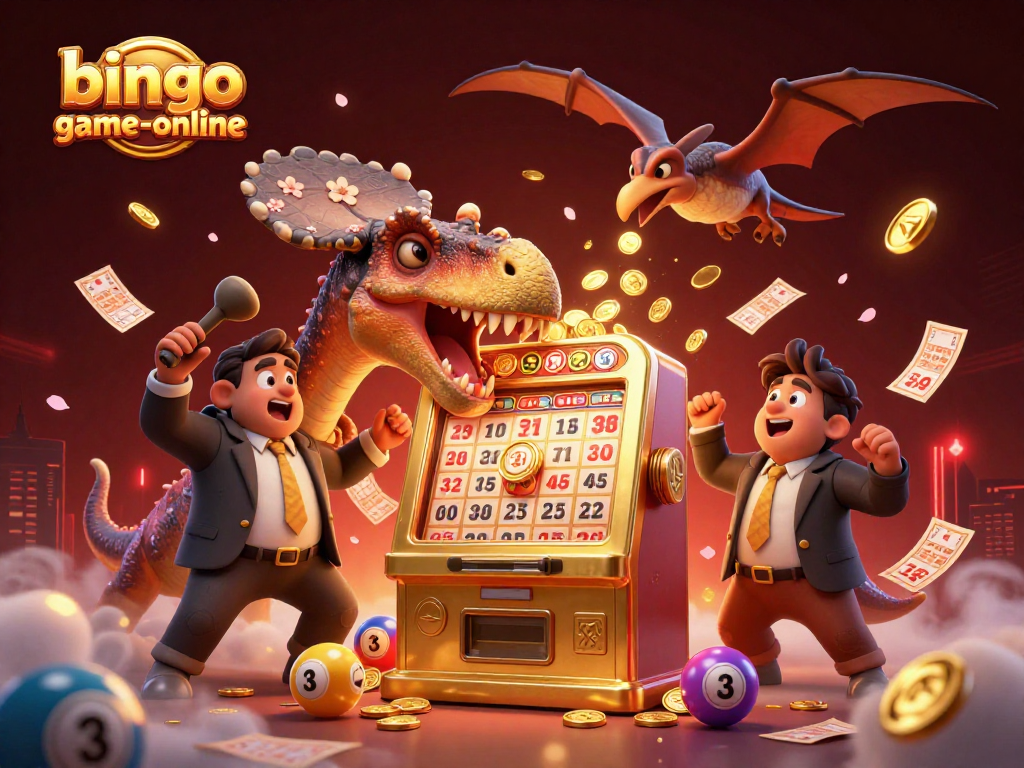 Bingo-game-online scene with jackpot machine, bingo characters, and vibrant casino elements.