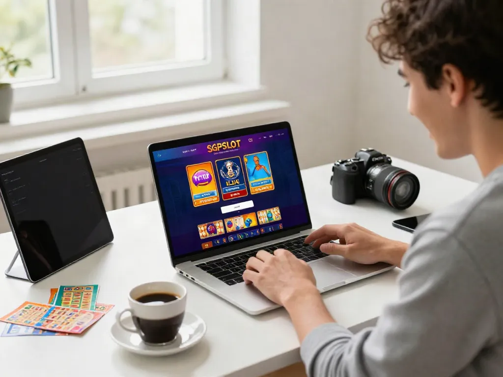 Engaging with SGPSLOT link login from a stylish home workspace, showcasing vibrant lottery games on a laptop.
