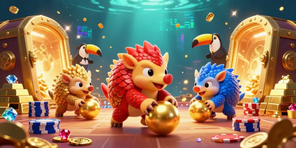 Experience excitement at 8KBET with vibrant pangolins rolling through poker chips while playing slots in high-quality graphics.