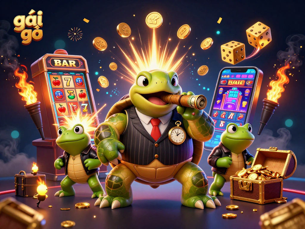 Gái gọi tham gia vòng quay may mắn với ánh đèn lấp lánh và các biểu tượng game hấp dẫn.